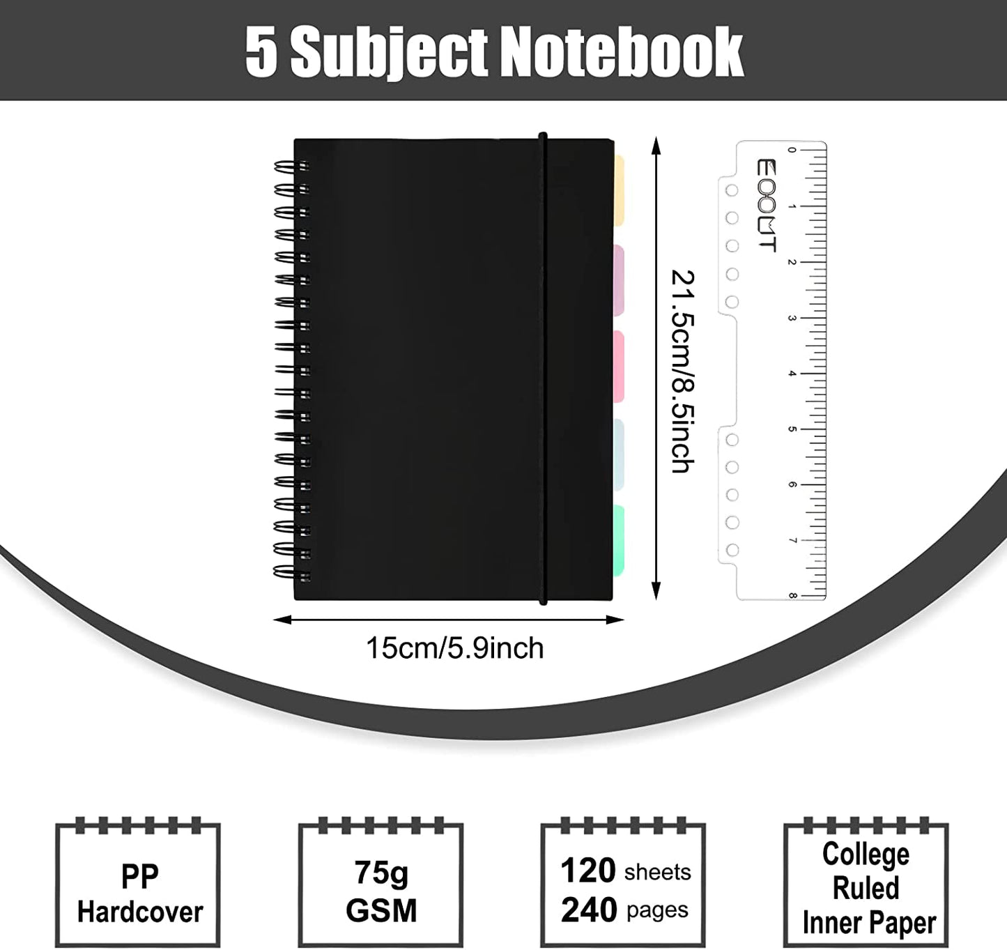 A5 Subject Spiral Notebooks with Tabs, 8.3 X 5.5 Inches, Notebooks for Work, 5 Colored Dividers, Spiral Lined, 240 Pages, for School, Office Supplies and Home