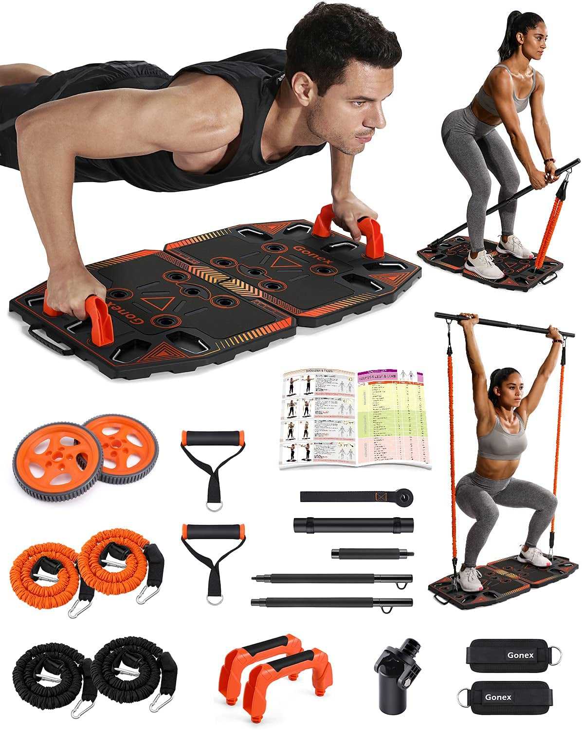 Portable Home Gym Workout Equipment with 14 Exercise Accessories Ab Roller Wheel,Elastic Resistance Bands,Push-Up Stand,Post Landmine Sleeve and More for Full Body Workouts System