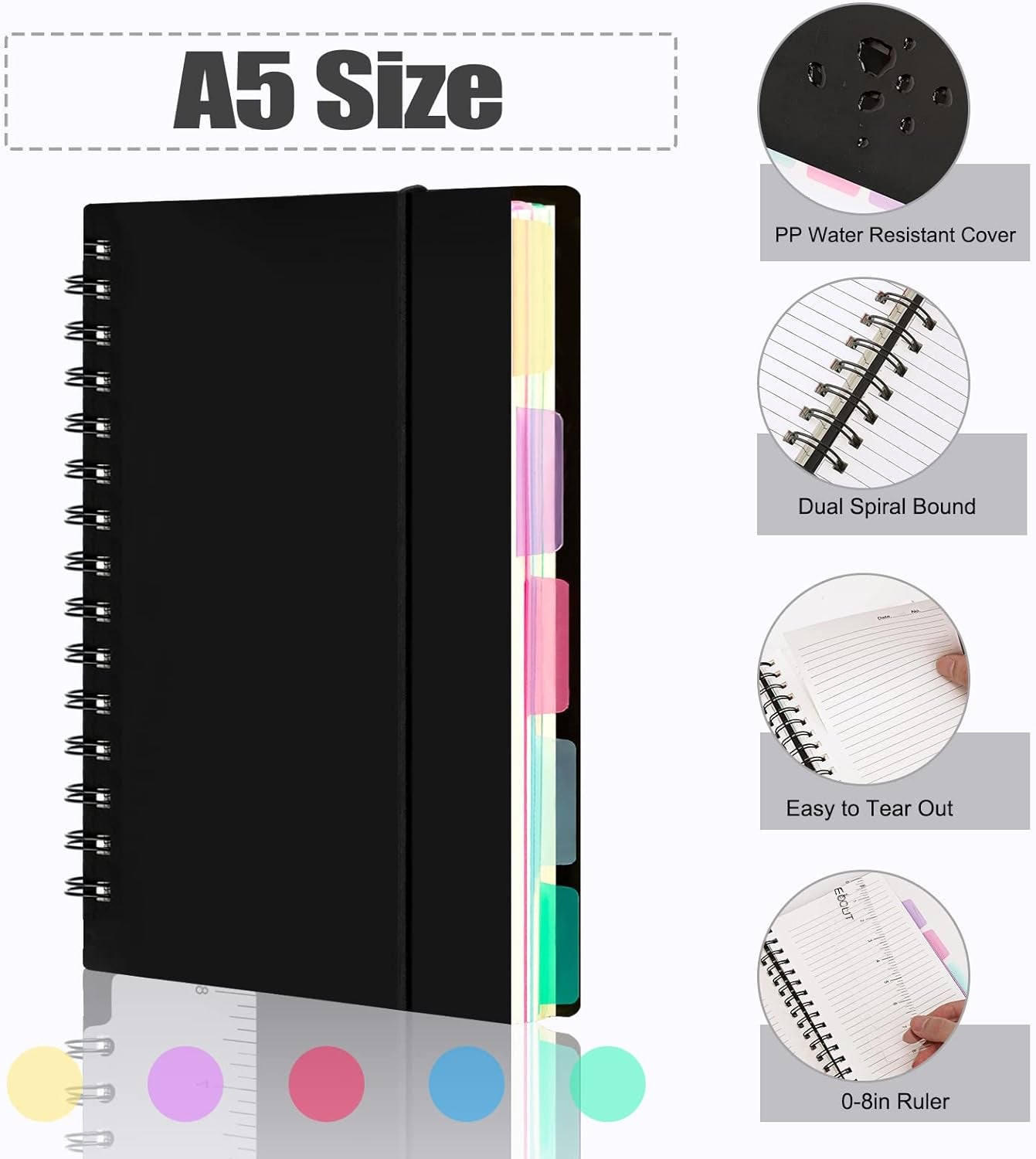 A5 Subject Spiral Notebooks with Tabs, 8.3 X 5.5 Inches, Notebooks for Work, 5 Colored Dividers, Spiral Lined, 240 Pages, for School, Office Supplies and Home