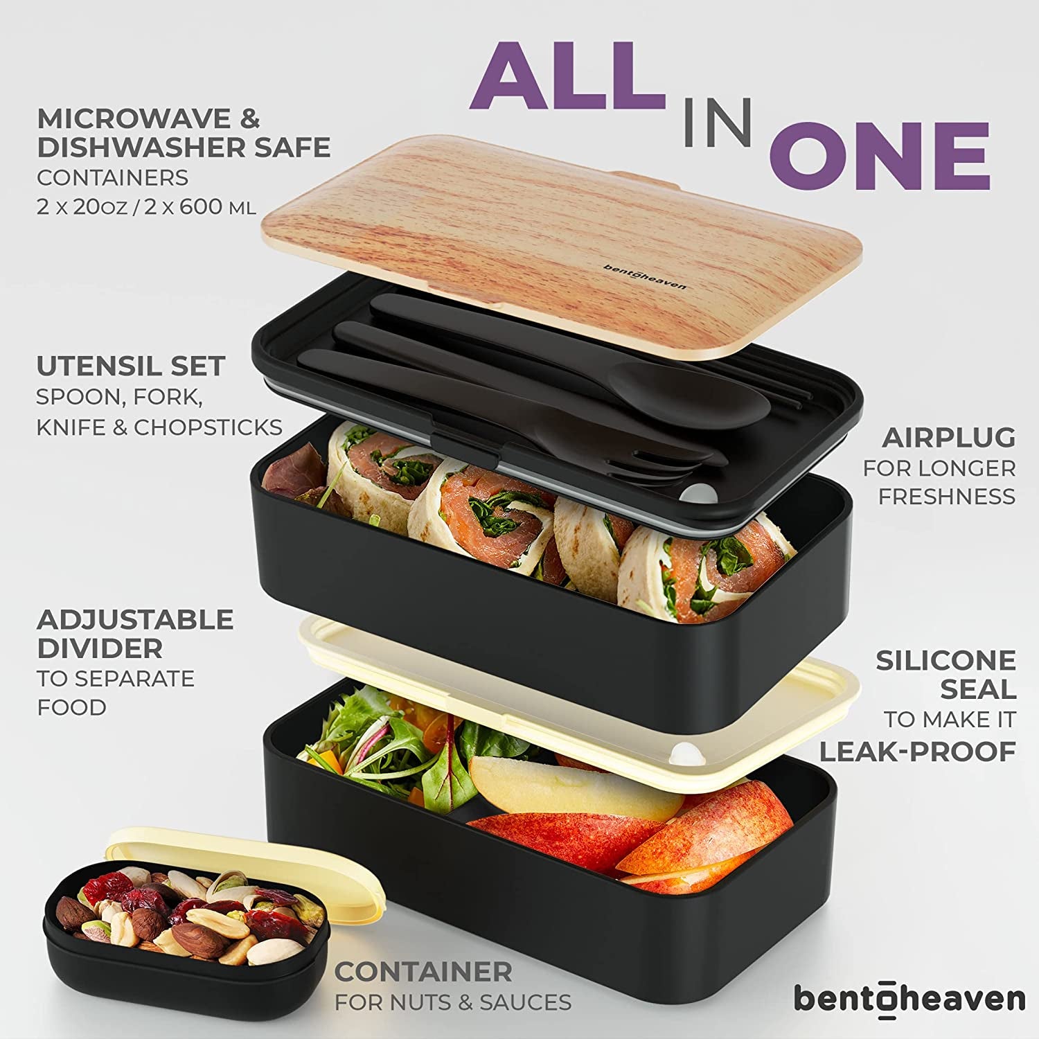 Premium Bento Box Adult Lunch Box with Compartments for Women & Men, Set of Utensil & Chopsticks & Dip Container, Cute Japanese Kids Bento Lunch Box, Microwavable (Symph-Onyx)