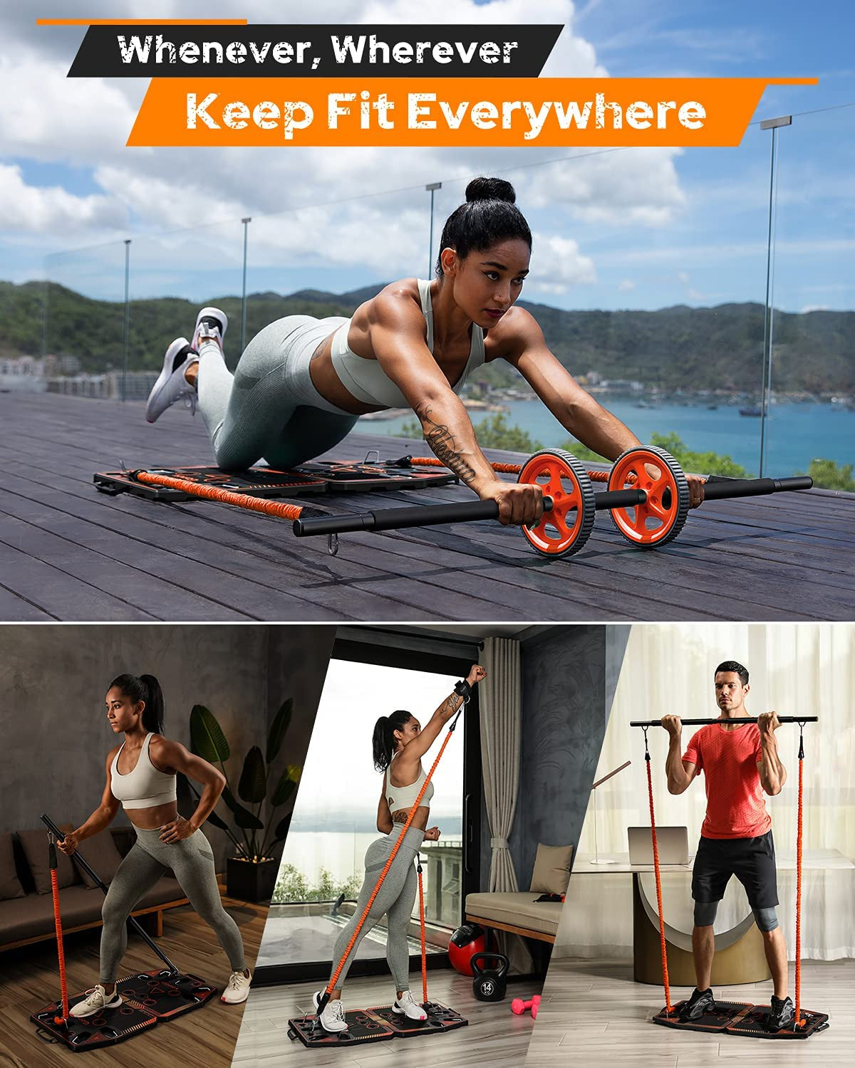 Portable Home Gym Workout Equipment with 14 Exercise Accessories Ab Roller Wheel,Elastic Resistance Bands,Push-Up Stand,Post Landmine Sleeve and More for Full Body Workouts System