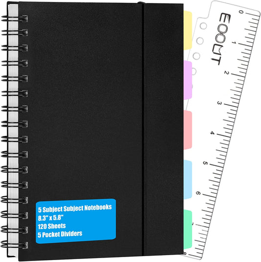 A5 Subject Spiral Notebooks with Tabs, 8.3 X 5.5 Inches, Notebooks for Work, 5 Colored Dividers, Spiral Lined, 240 Pages, for School, Office Supplies and Home