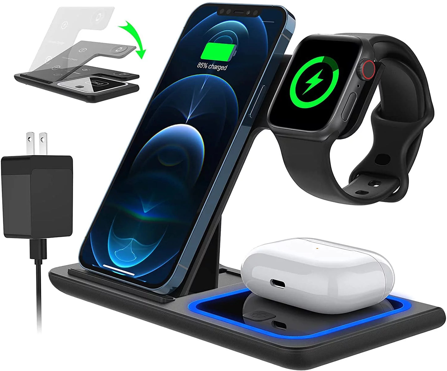 3 in 1 Wireless Charger, 18W Fast Charger Pad Stand Charging Station Dock for Iwatch Series SE 8/7/6/5/4/3 Airpods Pro/3/2 for Iphone 15/14/13/12 /11/Pro Max/12 Pro /XR (With QC3.0 Adapter)